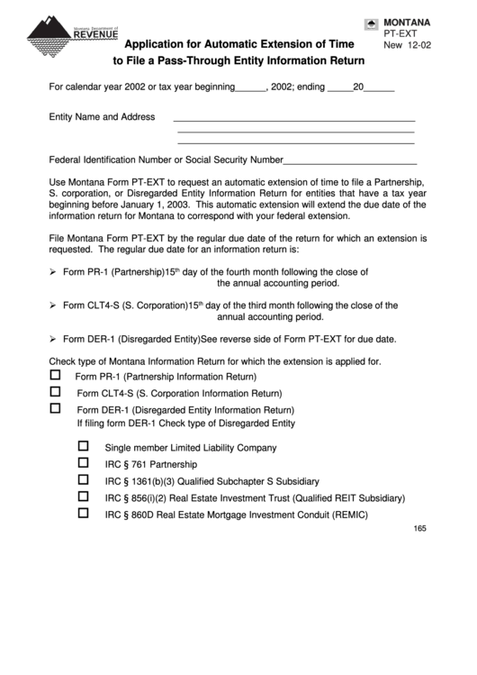Form Pt-Ext - Application For Automatic Extension Of Time To File A Pass-Through Entity Information Return Printable pdf