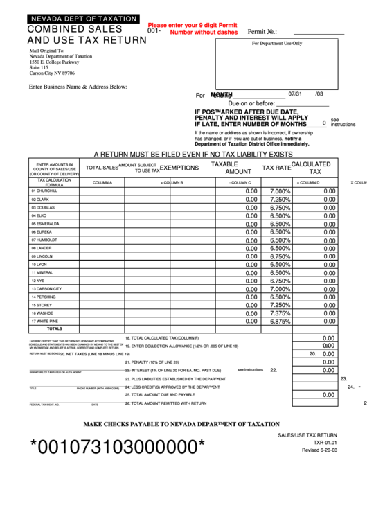 Fillable Form Txr-01.01 - Combines Sales And Use Tax Return - Nevada Department Of Taxation Printable pdf