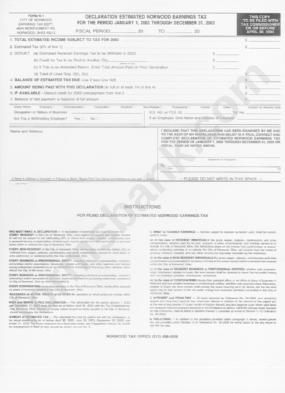 Form N-1 - Declaration Estimated Norwood Earnings Tax - 2003