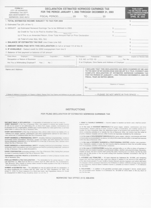 Form N-1 - Declaration Estimated Norwood Earnings Tax - 2003 Printable pdf