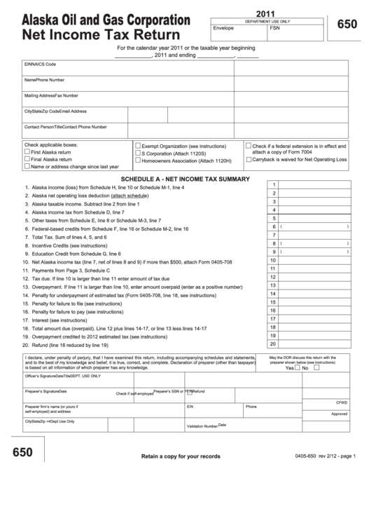 Form 650 - Alaska Oil And Gas Corporation Net Income Tax Return - 2011 Printable pdf