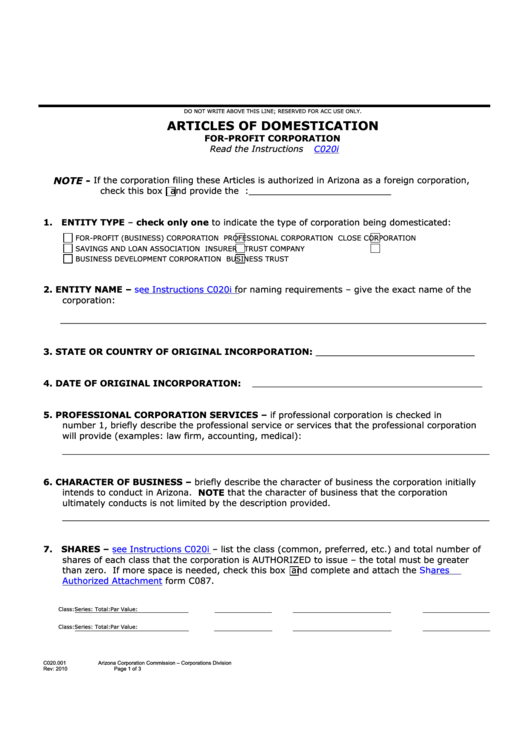 Fillable Form C020.001 - Articles Of Domestication For-Profit Corporation Printable pdf