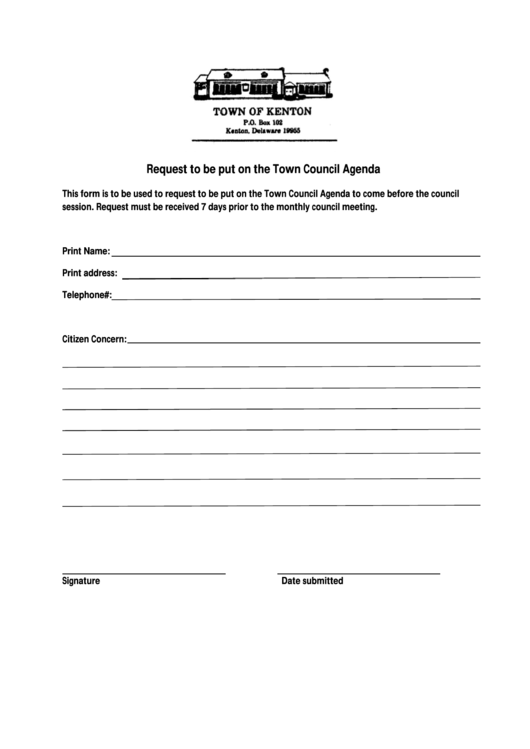 Request To Be Put On The Town Council Agenda - Town Of Kenton Printable pdf