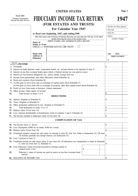 Form 1041 - Fiduciary Income Tax Return (For Estates And Trusts) - 1947 Printable pdf