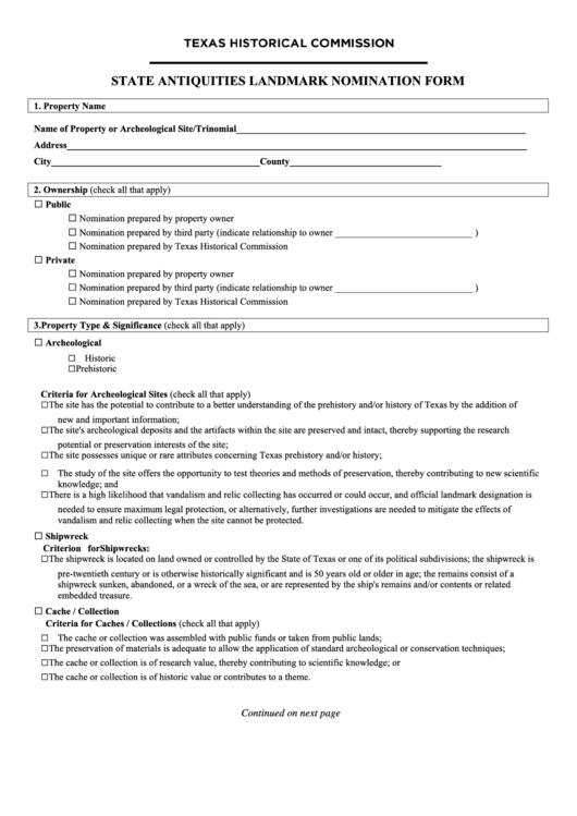 Fillable State Antiquities Landmark Nomination Form - Texas Historical Commission Printable pdf