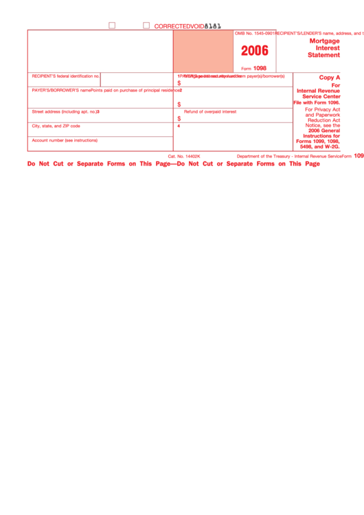 Form 1098 - Mortgage Interest Statement - 2006 Printable pdf