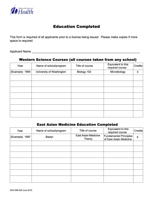 Form Doh 685-005 - Education Completed Printable pdf
