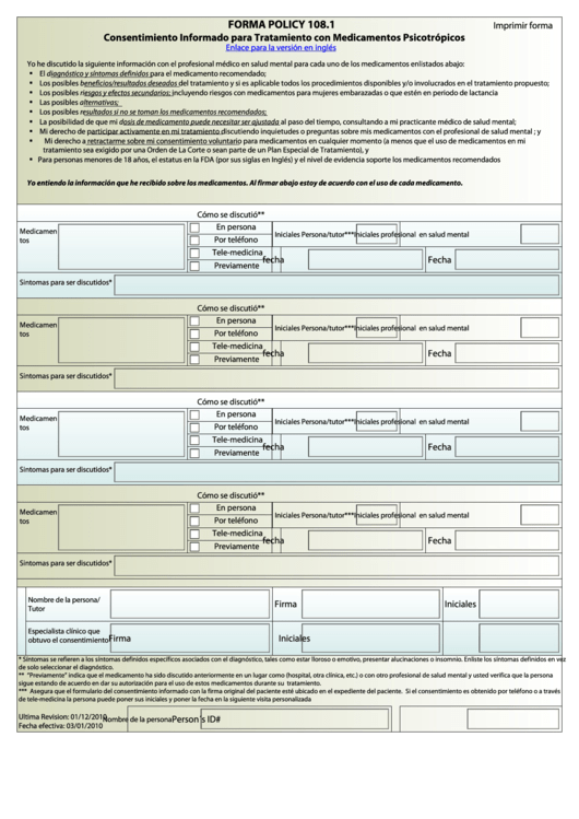Fillable Forma Policy 108.1 - Consentimiento Informado Para Tratamiento Con Medicamentos Psicotropicos Printable pdf