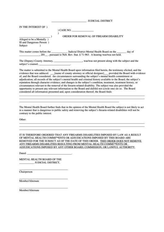 Order For Removal Of Firearm Disability - Mental Health Board Printable pdf