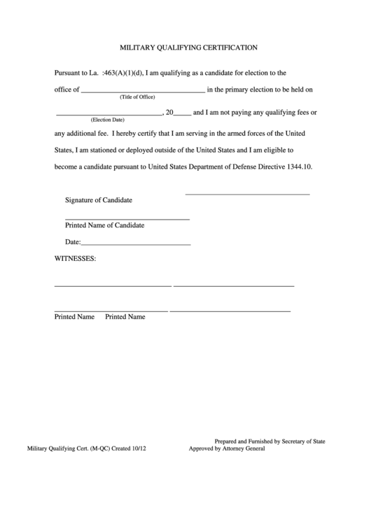 Fillable Form M-Qc - Military Qualifying Certification Printable pdf