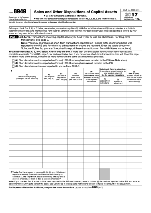 Fillable Form 8949 - Sales And Other Dispositions Of Capital Assets - 2017 Printable pdf