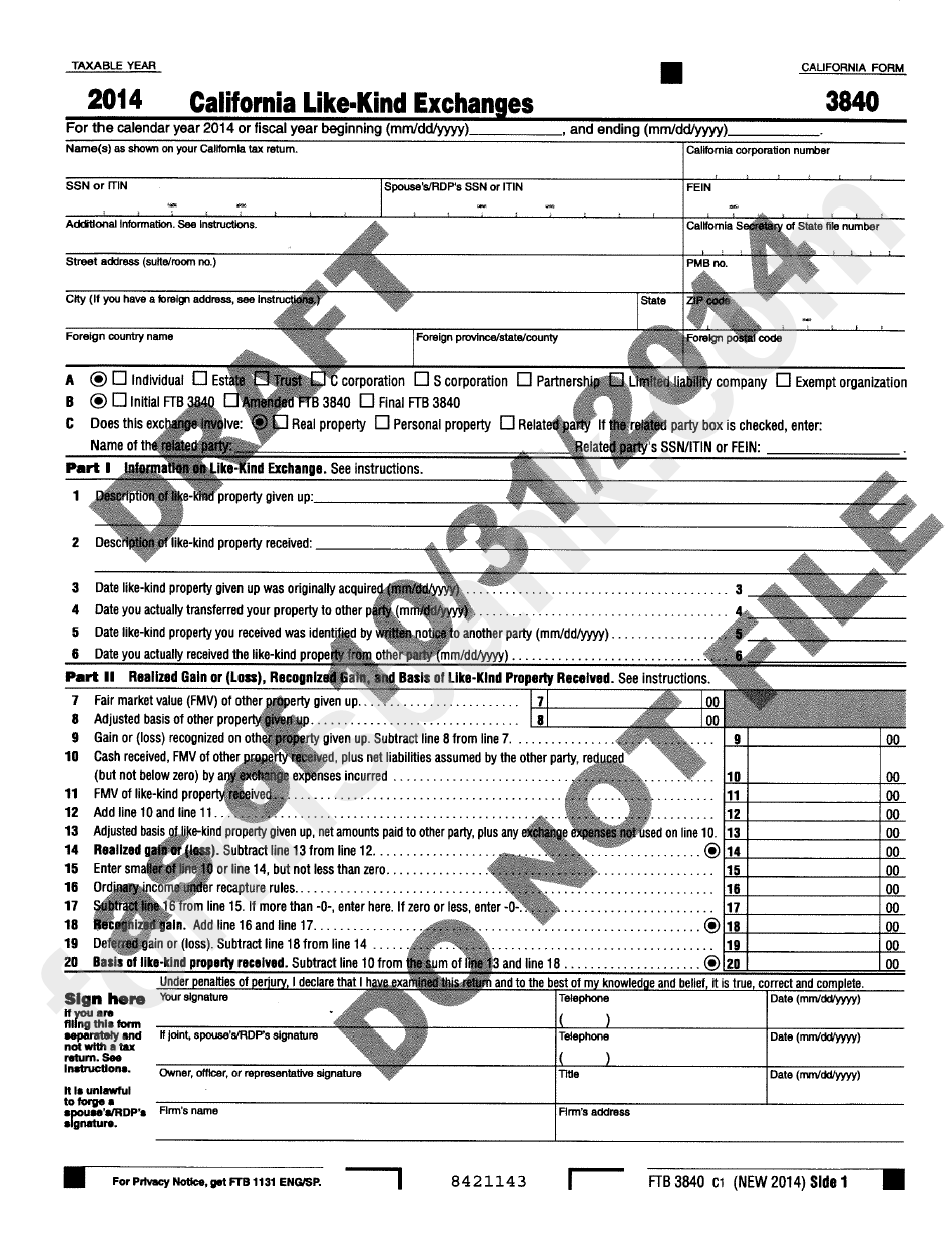 California Form 3840 Draft - California Like-Kind Exchanges - 2014