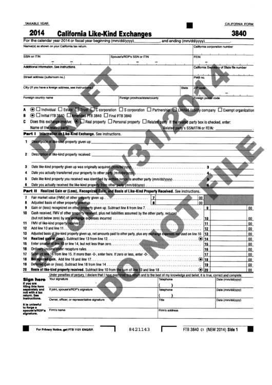 California Form 3840 Draft - California Like-Kind Exchanges - 2014 Printable pdf