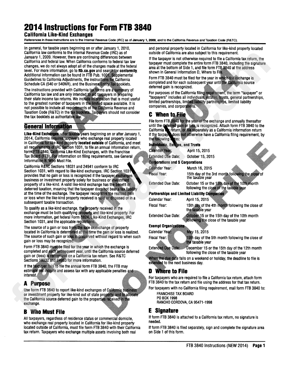 California Form 3840 Draft - California Like-Kind Exchanges - 2014