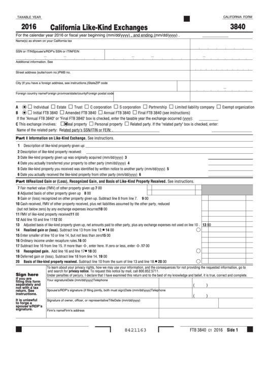 Fillable California Form 3840 - California Like-Kind Exchanges - 2016 Printable pdf