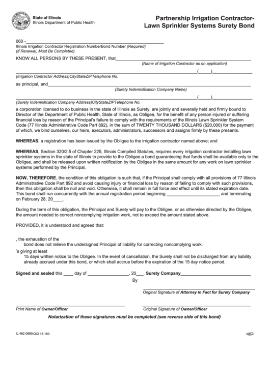 Form Il 482-0690 - Partnership Irrigation Contractorlawn Sprinkler Systems Surety Bond Printable pdf