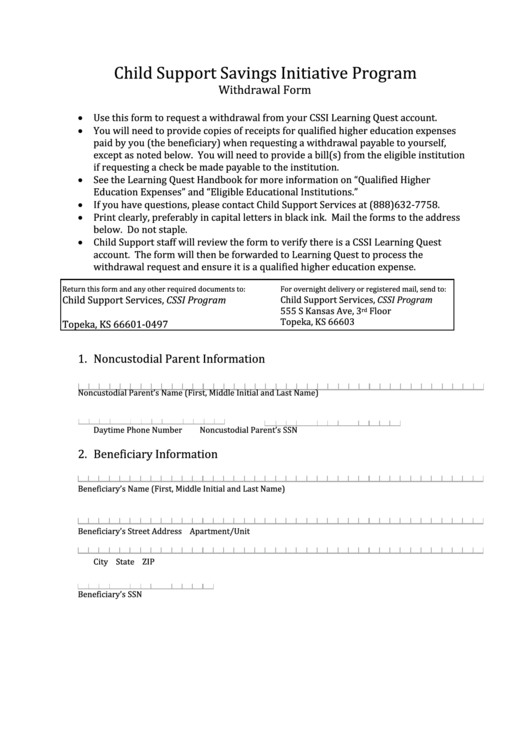 Child Support Savings Initiative Program Withdrawal Form Printable pdf