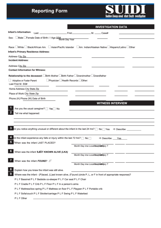 Suidi Reporting Form - Sudden Unexplained Infant Death Investigation Printable pdf
