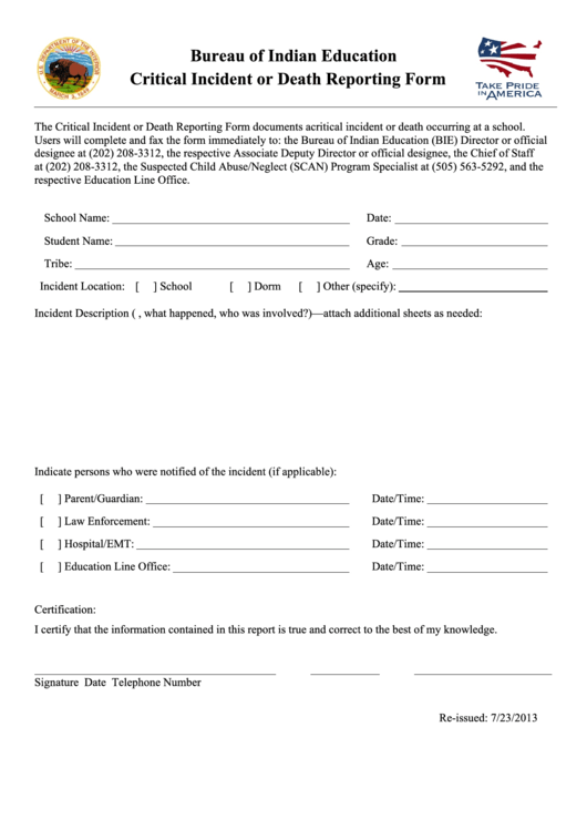 Fillable Critical Incident Or Death Reporting Form - Us Department Of The Interior Printable pdf