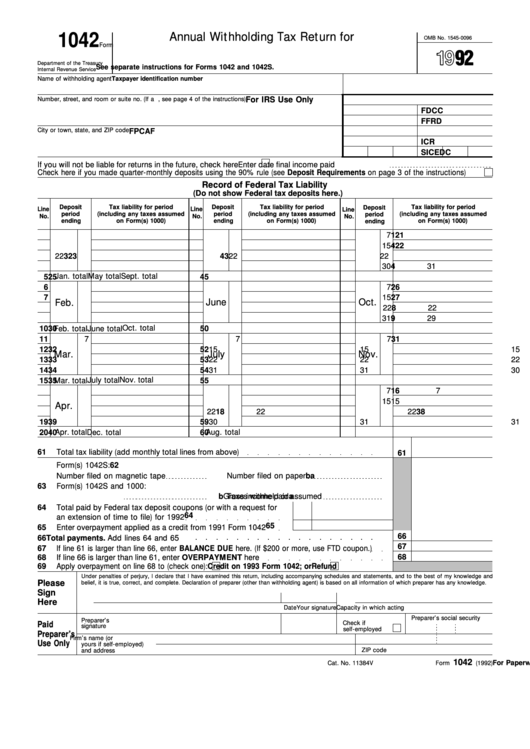 Form 1042 - Annual Withholding Tax Return For U.s. Source Income Of Foreign Persons - 1992 Printable pdf
