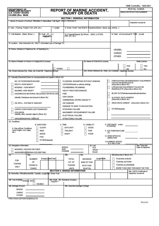 Fillable Form Cg-2692 - Report Of Marine Accident, Injury Or Death - U.s. Department Of Homeland Security Printable pdf