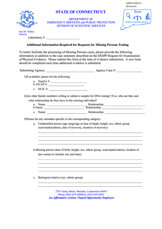 Fillable Additional Information Required For Requests For Missing Persons Testing - Connecticut Department Of Emergency Services And Public Protection Printable pdf