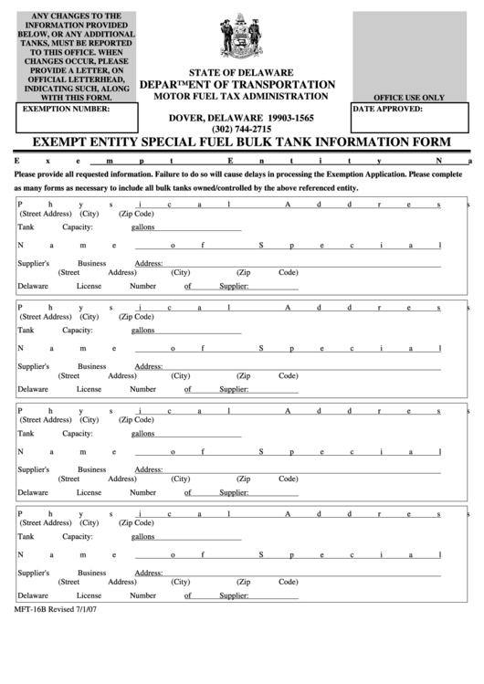 Form Mft-16b - Exempt Entity Special Fuel Bulk Tank Information Form Printable pdf