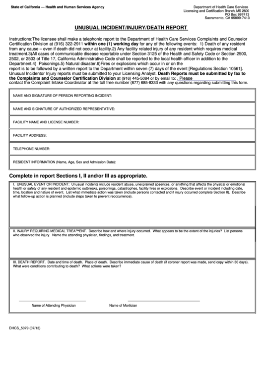 Form Dhcs_5079 - Unusual Incident/injury/death Report - Ca Department Of Health Care Services Printable pdf