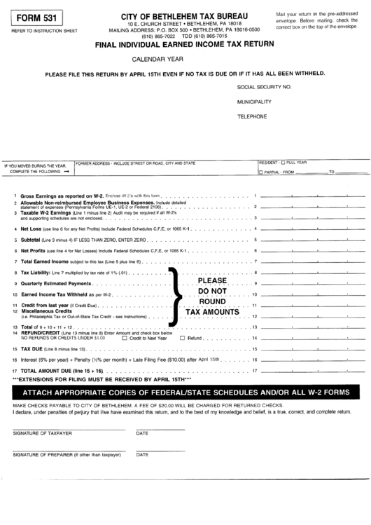 Form 531 - Final Individual Earned Income Tax Return - City Of Bethlehem Tax Bureau Printable pdf