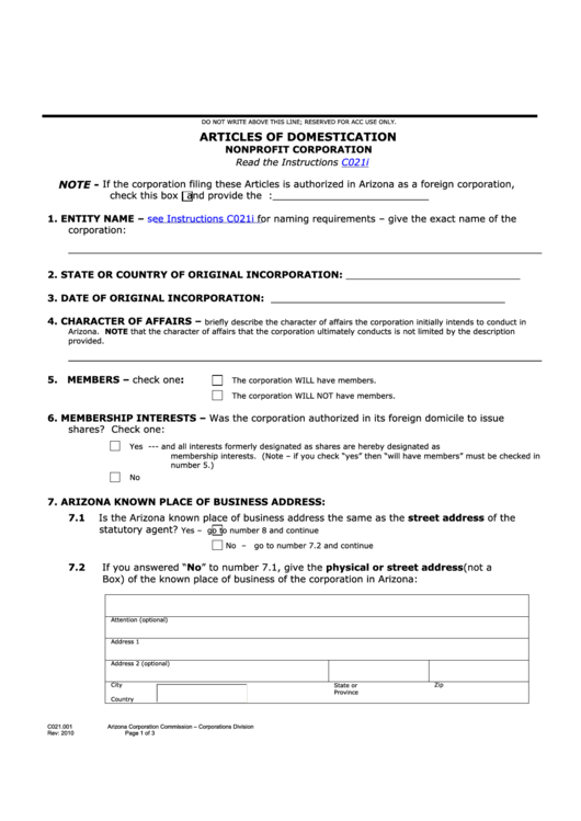 Fillable Form C021.001 - Articles Of Domestication - Nonprofit Corporation Printable pdf