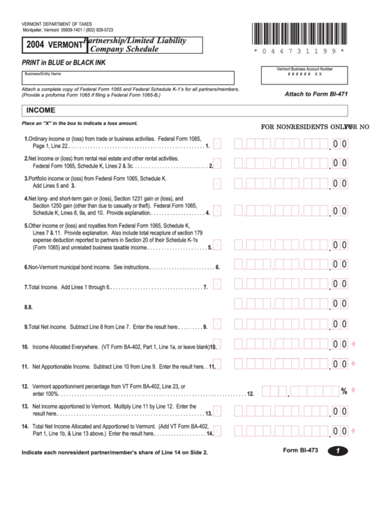 Vermont Form Bi-473 - Partnership/limited Liability Company Schedule - 2004 Printable pdf