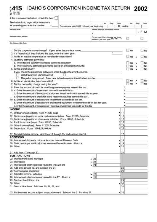 Form 41s - Idaho S Corporation Income Tax Return - 2002 Printable pdf