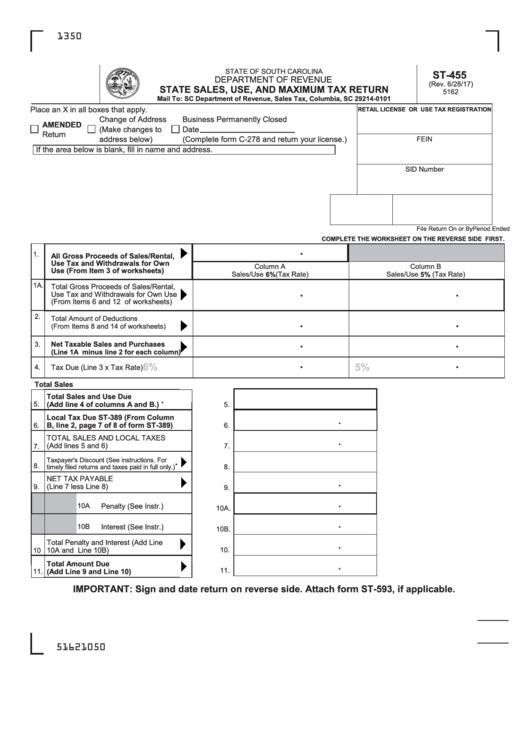 Form St-455 - State Sales, Use, And Maximum Tax Return