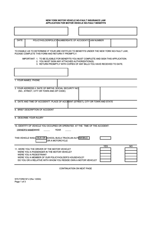 Fillable Nys Form Nf-2 - New York Motor Vehicle No-Fault Insurance Law Application For Motor Vehicle No-Fault Benefits Printable pdf