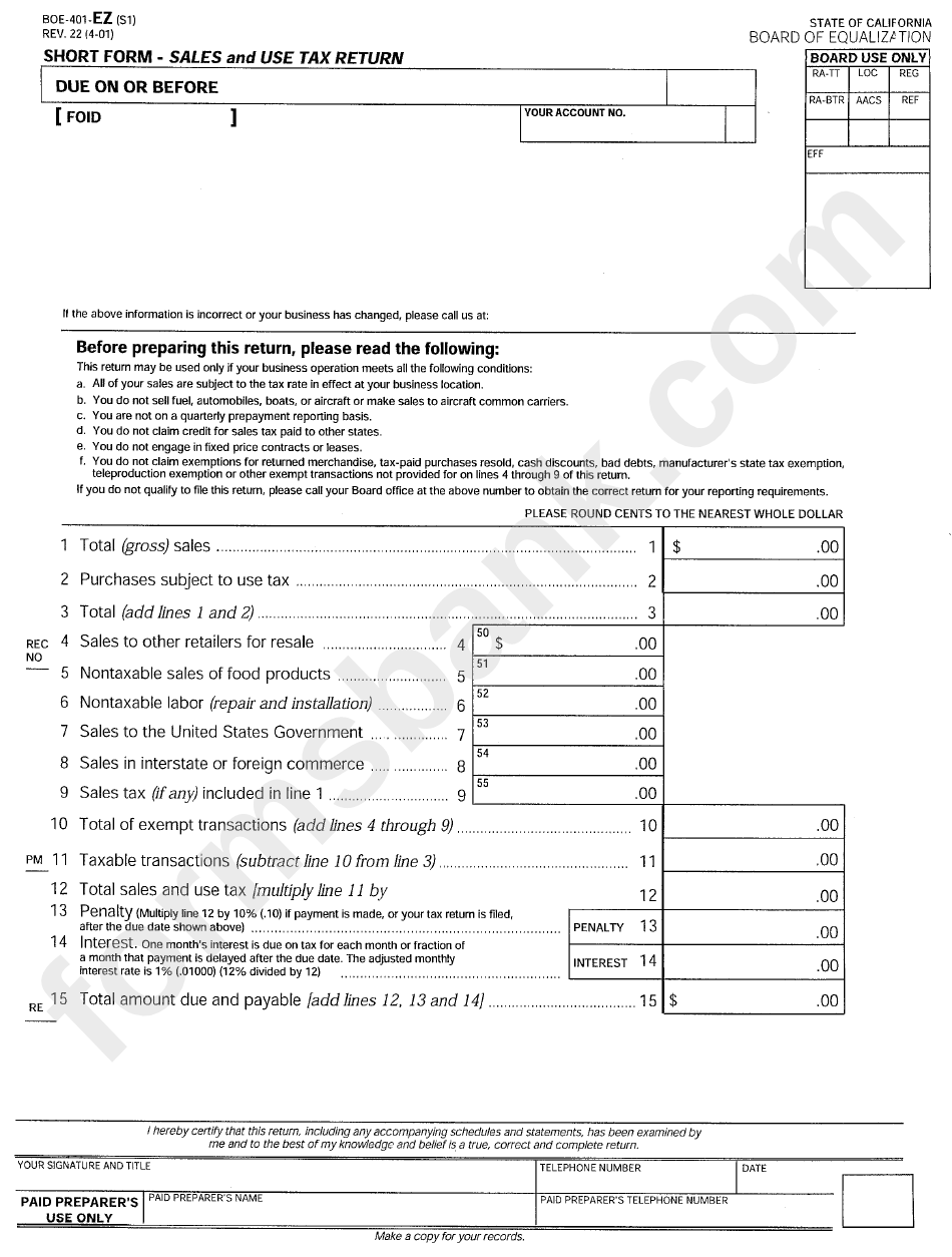 Form Boe-4-1-Ez (S1) - Short Form - Sales And Use Tax Return