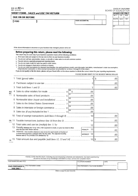 Form Boe-4-1-Ez (S1) - Short Form - Sales And Use Tax Return Printable pdf