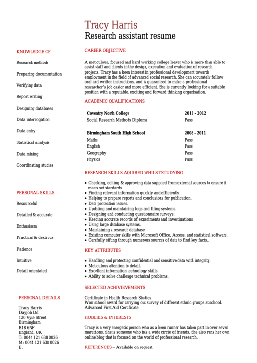 Research Assistant Resume Template Printable pdf