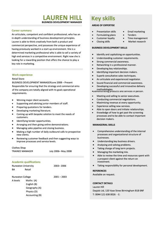 Business Development Manager Resume Template Printable pdf