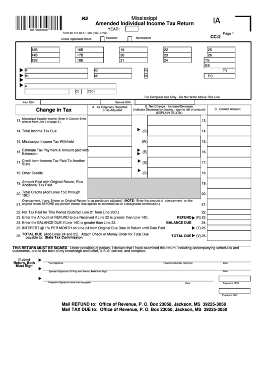 Mississippi Amended Individual Income Tax Return Printable pdf
