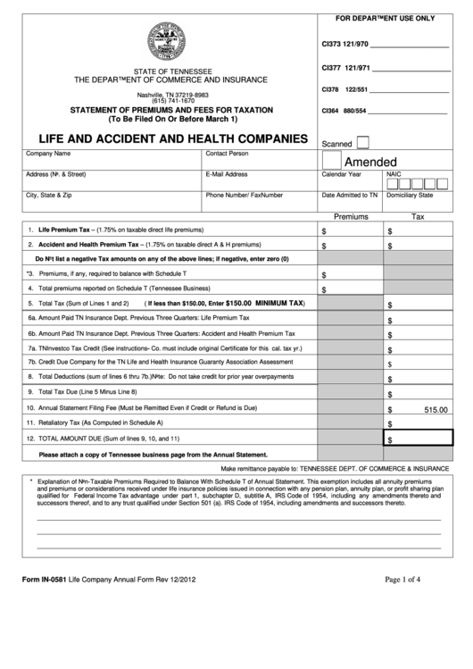 Form In-0581 - Life And Accident And Health Companies - Tennessee Department Of Commerce And Insurance Printable pdf