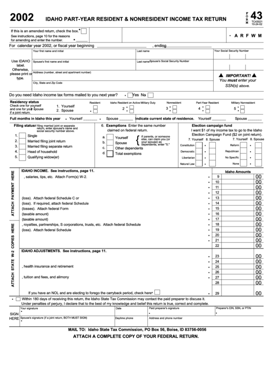 Form 43 - Idaho Part-Year Resident & Nonresident Income Tax Return - 2002 Printable pdf