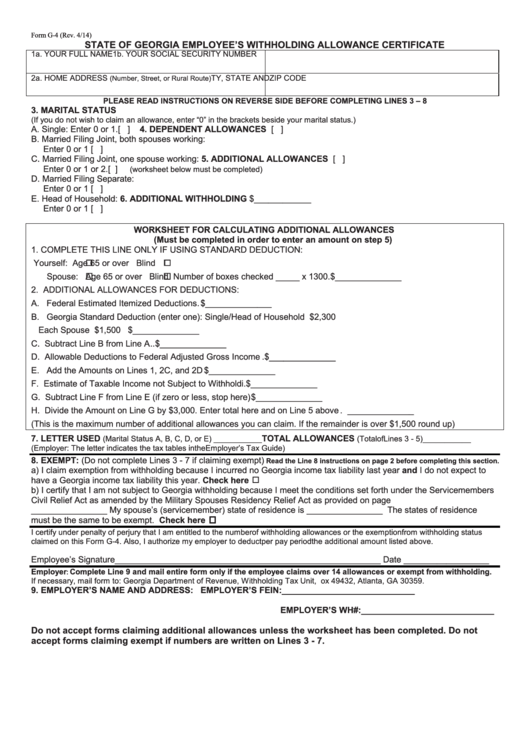 Fillable Form G 4 State Of Georgia Employee #39 S Withholding Allowance