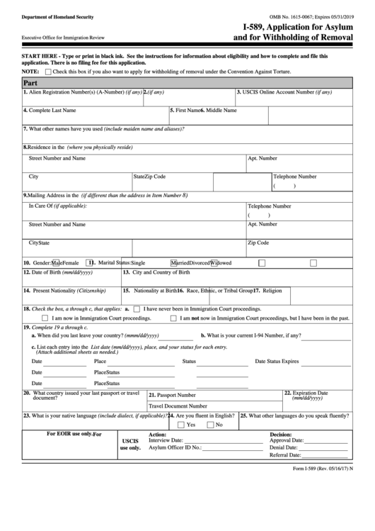 Fillable Form I589 Application For Asylum And For Withholding Of