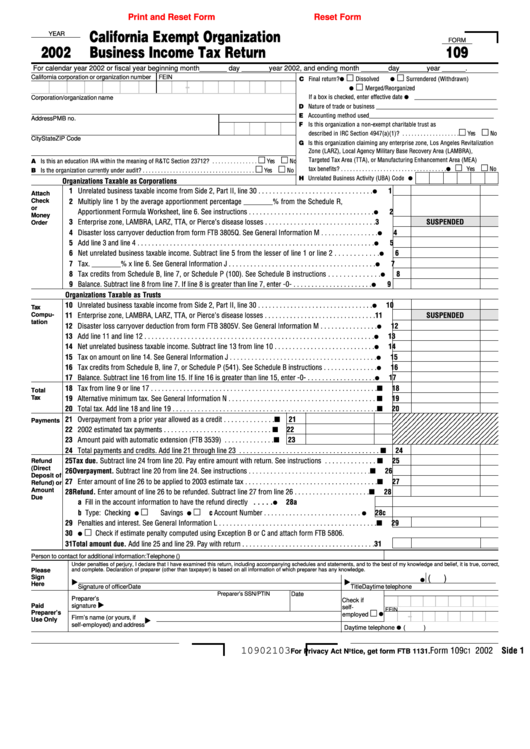 Fillable Form 109 - California Exempt Organization Business Income Tax Return - 2002 Printable pdf