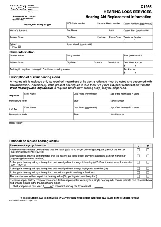 Form C1265 - Hearing Loss Services Hearing Aid Replacement Information Printable pdf