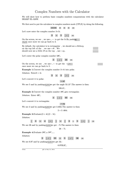 Complex Numbers With The Calculator Worksheet Printable pdf