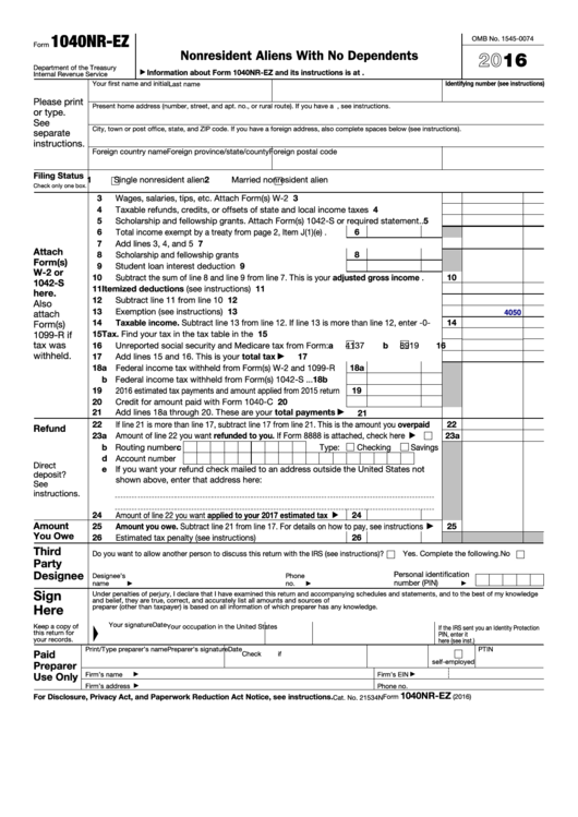 Fillable Form 1040nr-Ez - U.s. Income Tax Return For Certain Nonresident Aliens With No Dependents - 2016 Printable pdf