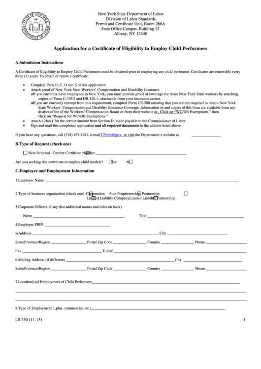 Form Ls 550 - Application For A Certificate Of Eligibility To Employ Child Performers/verification Of Workers