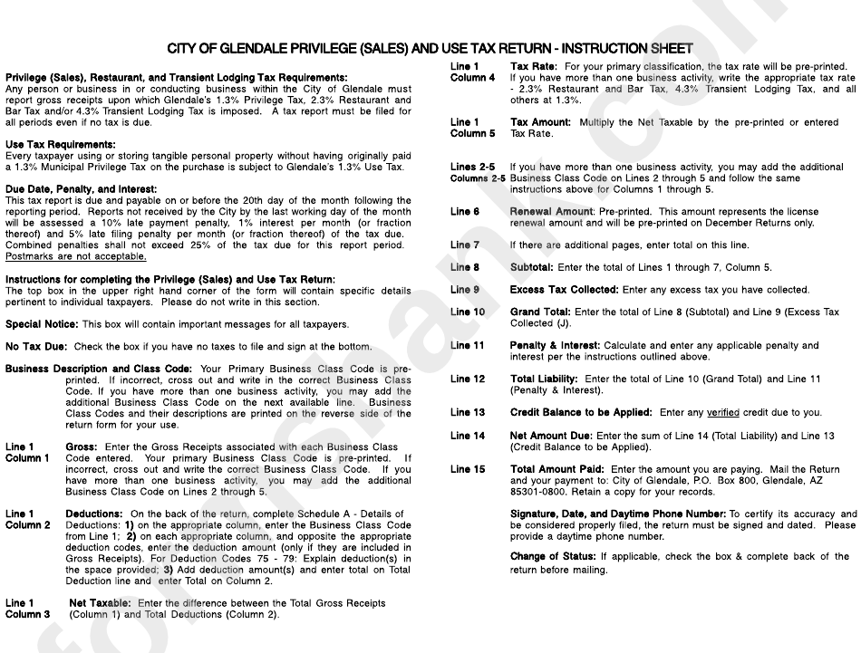 City Of Glendale Privilege (Sales) And Use Tax Return - Instructions Sheet