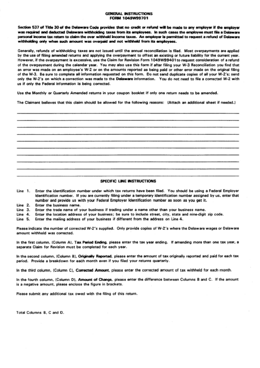 Form 1049w99701 - General Instructions Printable pdf